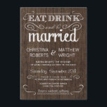 Invitations de Mariages campagnards de bois rustiq<br><div class="desc">Mangez, buvez et soyez mariés — invitations de mariages campagnards rustiques de style Vintage — parchemins Tourbillonnant, bouclés et typographie de mode ancienne sur arrière - plan de bois d'écorce brun. Ajoutez vos noms et informations de mariage dans ce modèle facile à utiliser. Élégant mais amusant et fantaisiste, l'écriture de...</div>
