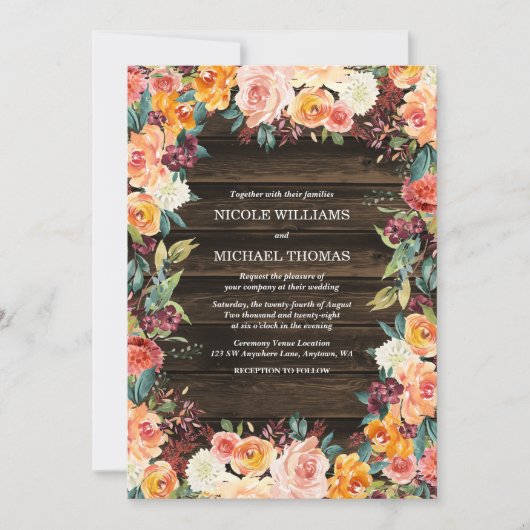 Invitations de Mariages de automne Floraux Rustiqu (Devant)