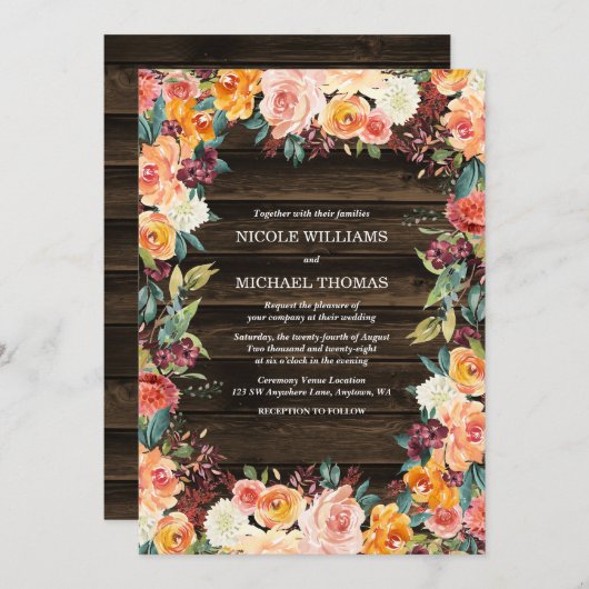Invitations de Mariages de automne Floraux Rustiqu (Devant / Derrière)