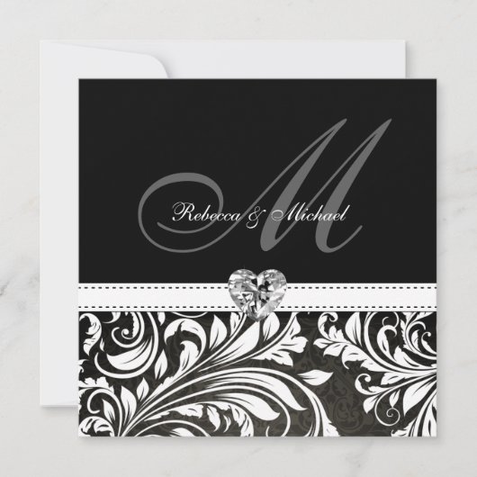 Invitations de monogramme noir et blanc de Damas (Devant)