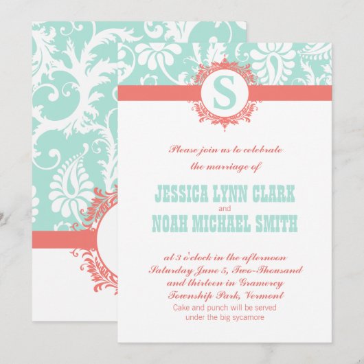 Invitations de Monogrammes de menthe et de pêche M (Devant / Derrière)