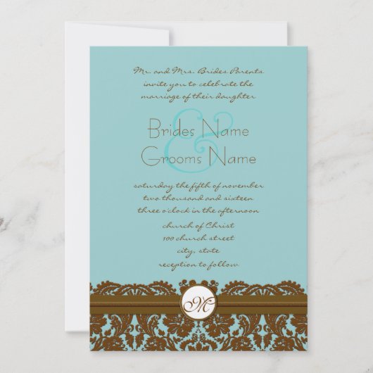 Invitations de monogrammes Mariage damassé Brown (Devant)