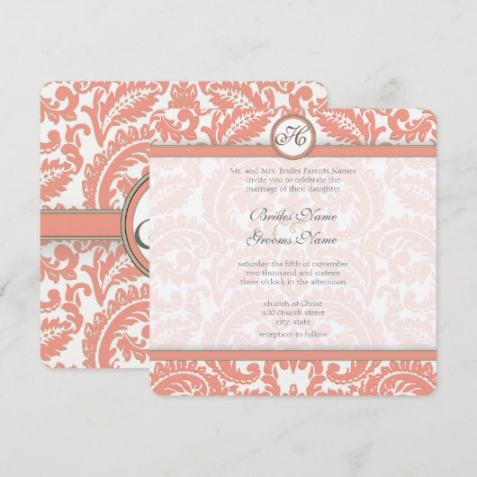 Invitations de Pale Coral & Grey Mariage damassé (Devant / Derrière)