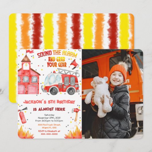 Invitations de photo de camion-feu modifiables (Devant / Derrière)