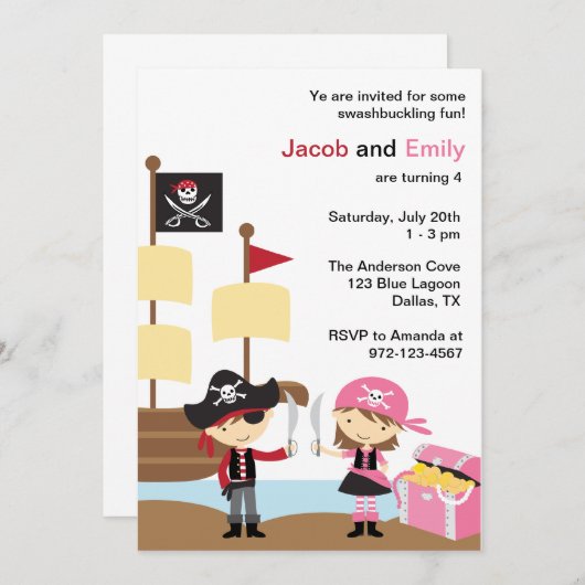 Invitations de pirates de garçons et de filles (Devant / Derrière)