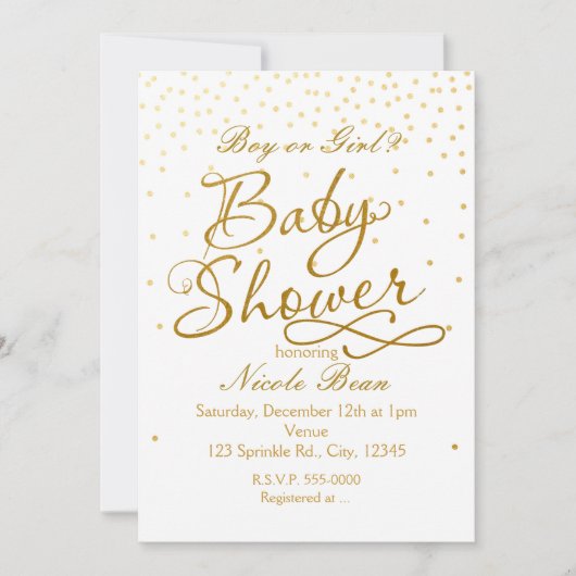 Invitations de point Confetti Blanc & Or baby show (Devant)
