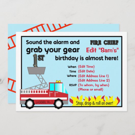 Invitations de pompiers pour 1er anniversaire Pomp (Devant / Derrière)