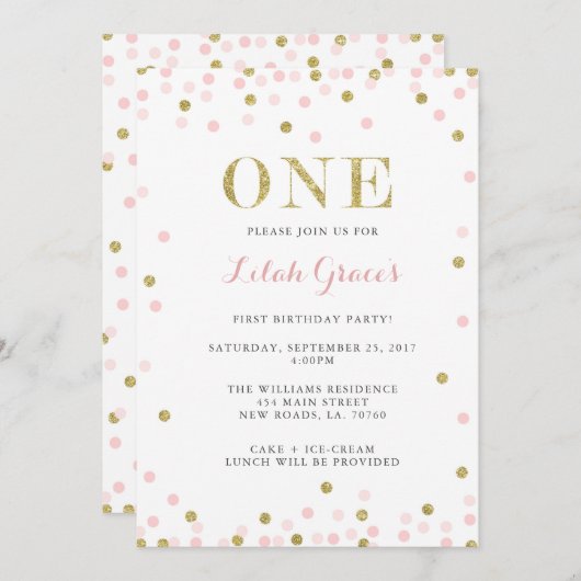 Invitations de premier anniversaire rose et or (Devant / Derrière)
