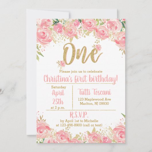 Invitations de premier anniversaire rose et or (Devant)