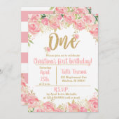 Invitations de premier anniversaire rose et or (Devant / Derrière)