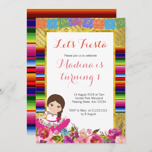 Invitations de première anniversaire de fille mexi (Devant / Derrière)