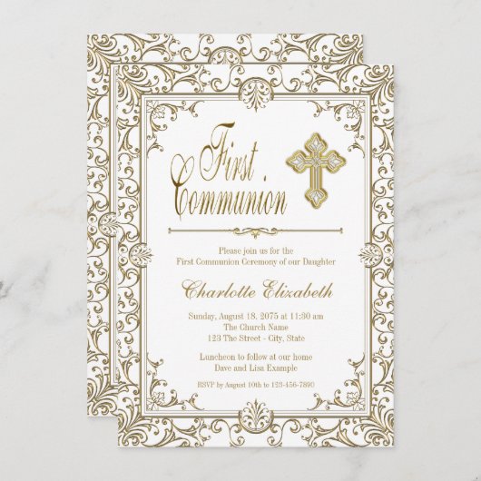 Invitations de première communion blanc et or (Devant / Derrière)