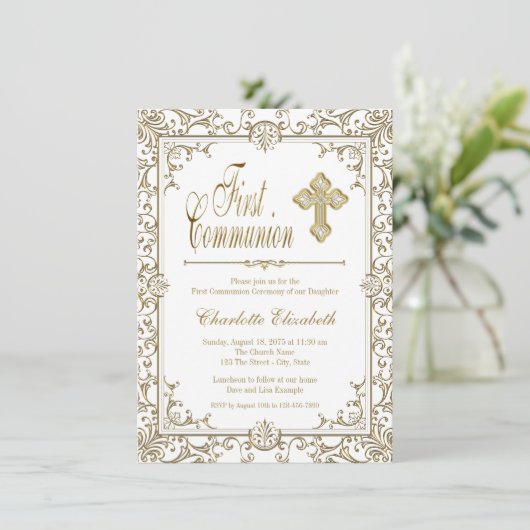 Invitations de première communion blanc et or (Debout devant)