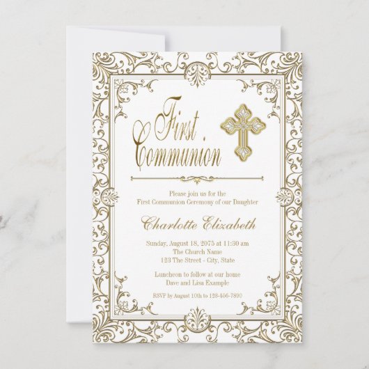 Invitations de première communion blanc et or (Devant)