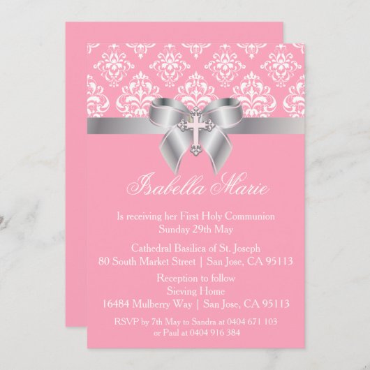 Invitations de première communion Damask Bow (Devant / Derrière)