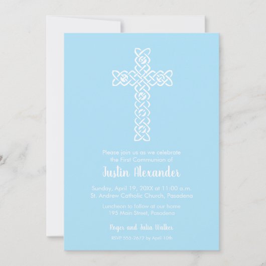 Invitations de première communion en bleu clair et (Devant)