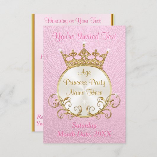 Invitations de princesse rose et or personnalisées (Devant / Derrière)