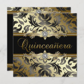 Invitations de Quinceanera Black Gold Damask (Devant / Derrière)