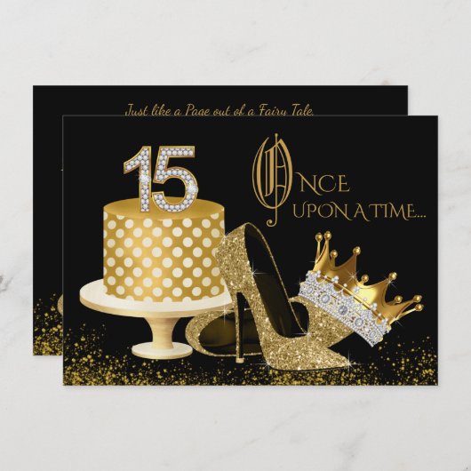 Invitations de Quinceanera noir et or (Devant / Derrière)