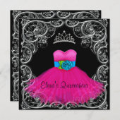 Invitations de Quinceanera Noir Rose Chaud (Devant / Derrière)