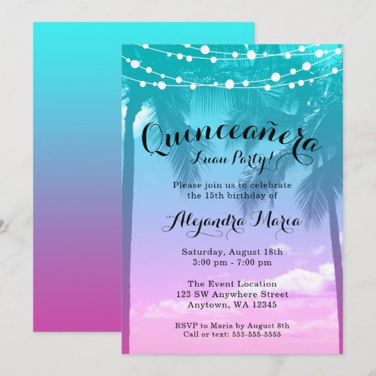 Invitations de Quinceanera rose Turquoise Luau (Devant / Derrière)