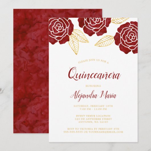 Invitations de Quinceanera Roses d'or de Bourgogne (Devant / Derrière)