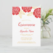 Invitations de Quinceanera Roses d'or rouge modern (Debout devant)