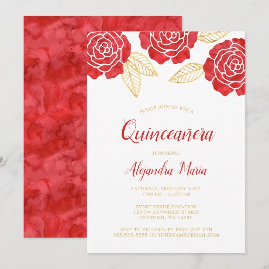 Invitations de Quinceanera Roses d'or rouge modern (Devant / Derrière)