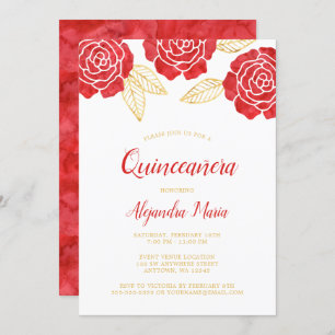 Invitations de Quinceanera Roses d'or rouge modern