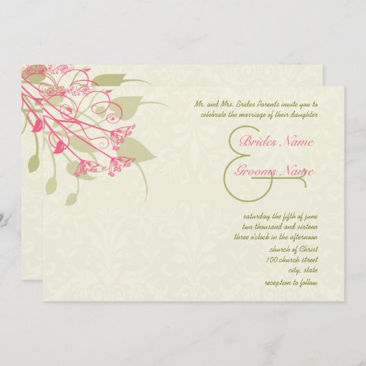 Invitations de Raspberry Dandelion Mariage damassé (Devant / Derrière)