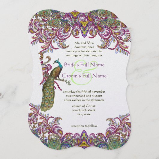Invitations de Raspberry Peacock Mariage damassé (Devant / Derrière)