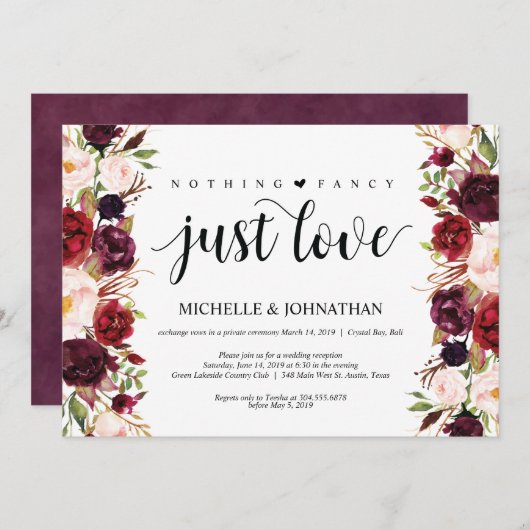 Invitations de réception Rustique Bourgogne Floral (Devant / Derrière)