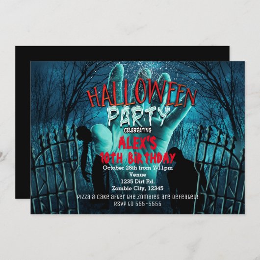 Invitations de soirée costumée Zombie Halloween (Devant / Derrière)
