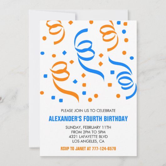 Invitations de soirée couleur Confetti orange bleu (Devant)