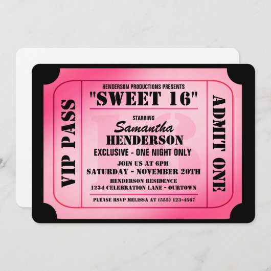 Invitations de soirée de style billets VIP sweet s (Devant / Derrière)