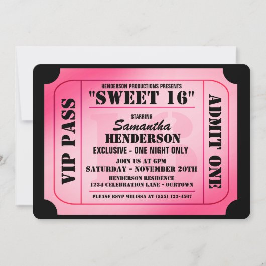 Invitations de soirée de style billets VIP sweet s (Devant)