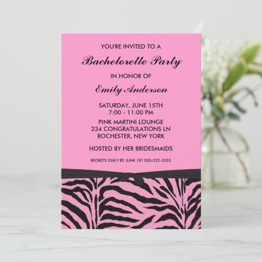 Invitations de soirée rose Zebra Bachelorette (Debout devant)