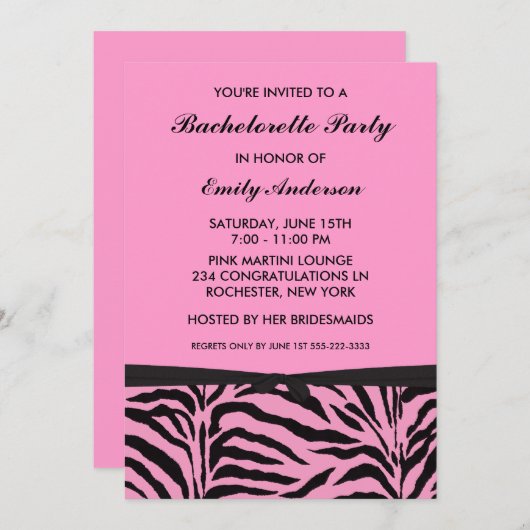 Invitations de soirée rose Zebra Bachelorette (Devant / Derrière)