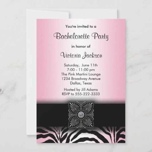 Invitations de soirée rose Zebra Bachelorette (Dos)
