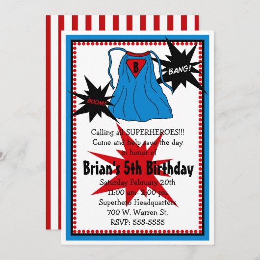 Invitations de super héros (Devant / Derrière)