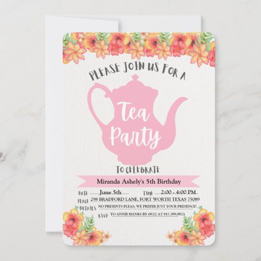 Invitations de Tea Party pour les filles (Devant)