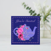Invitations de thé d'anniversaire Teapot et fleurs (Debout devant)