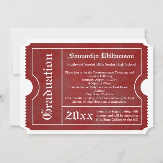 Invitations de tickets Red and White Graduation (Devant)