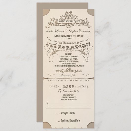 Invitations de tickets typographiques mariages ave (Devant / Derrière)