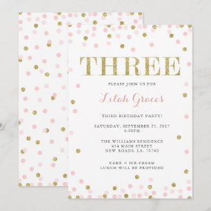 Invitations de troisième anniversaire rose et or