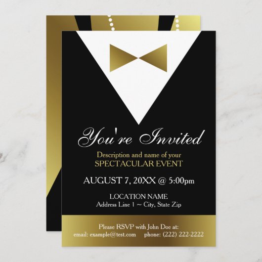 Invitations de Tuxedo Black et Gold| Parti élégant (Devant / Derrière)