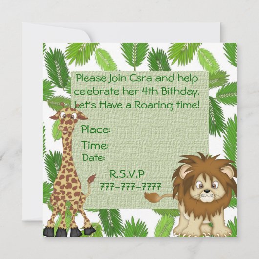 Invitations de ZOO de jungle d'ANNIVERSAIRE DE (Dos)