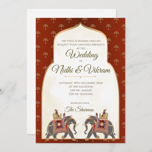 Invitations d'éléphants indiens et cartes mariages (Devant / Derrière)