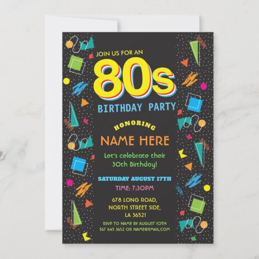 Invitations des années 80 à la fête d'anniversaire (Devant)
