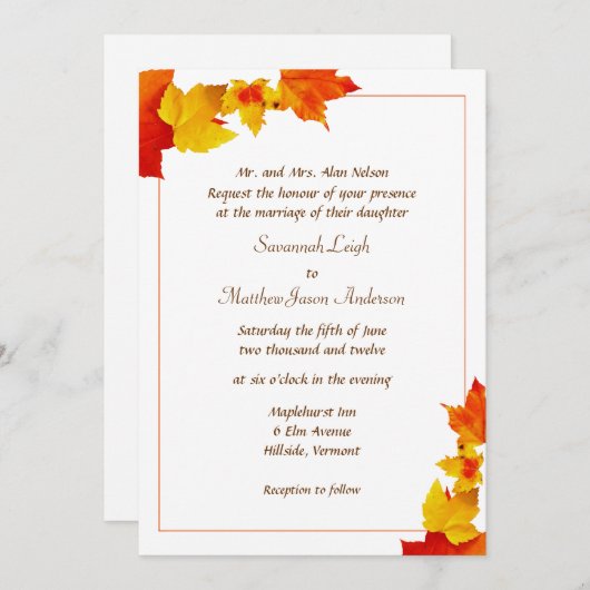 Invitations des Mariages de automne frontaliers fe (Devant / Derrière)